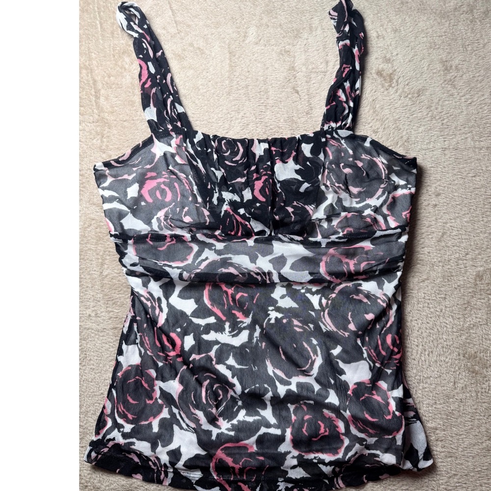 Mexx Womens Rose Floral Mesh Tank Top Ruched Cottagecore Romantic Feminine
